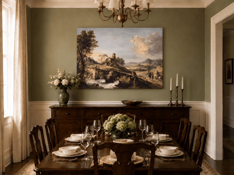 Hand-painted Mountain Cottage in Rocky Valley landscape oil painting displayed as wall art in a styled interior