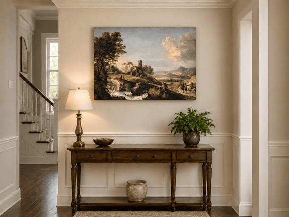 Hand-painted Mountain Cottage in Rocky Valley landscape oil painting displayed as wall art in a styled interior
