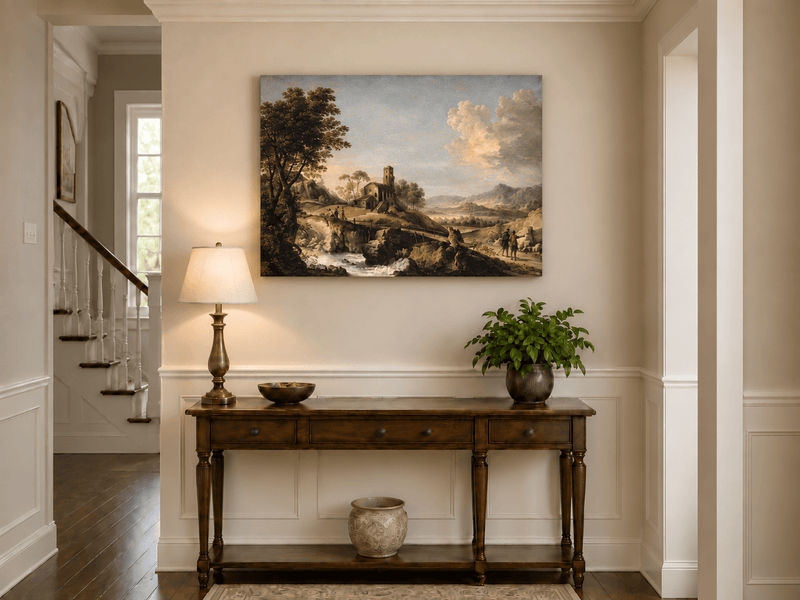 Hand-painted Mountain Cottage in Rocky Valley landscape oil painting displayed as wall art in a styled interior