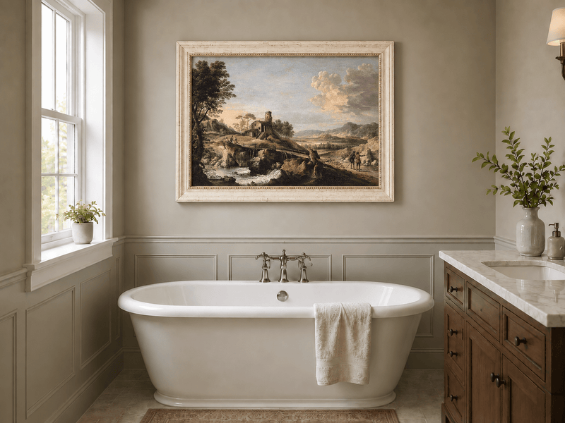 Hand-painted Mountain Cottage in Rocky Valley landscape oil painting displayed as wall art in a styled interior