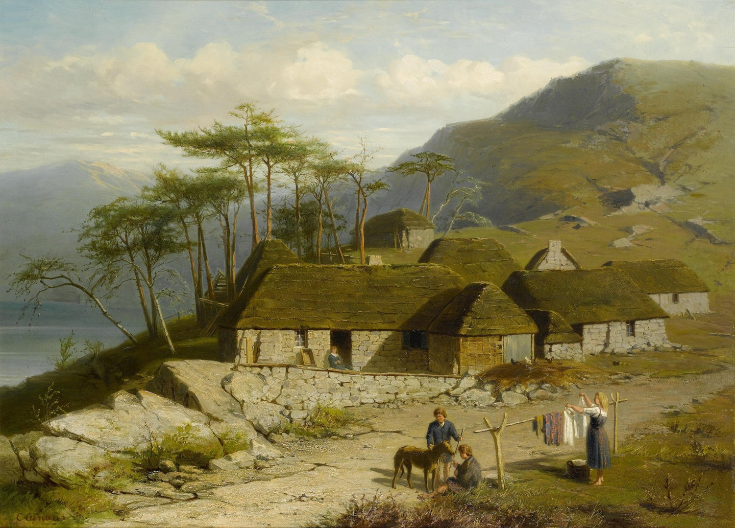 Hand-painted mountain cottage village by lakeside landscape oil painting on canvas