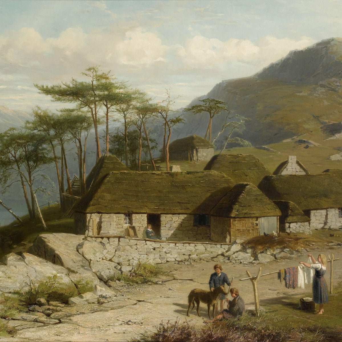 Landscape Oil Painting - Mountain Cottage Village by Lakeside