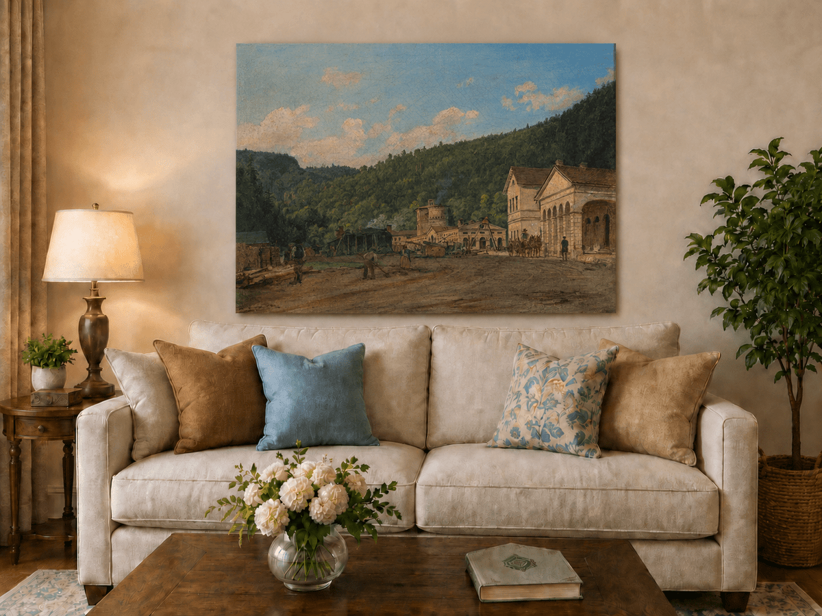 Landscape Oil Painting - Mountain Courtyard and Forest View