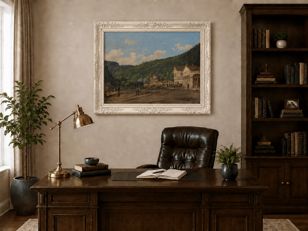 Landscape Oil Painting - Mountain Courtyard and Forest View