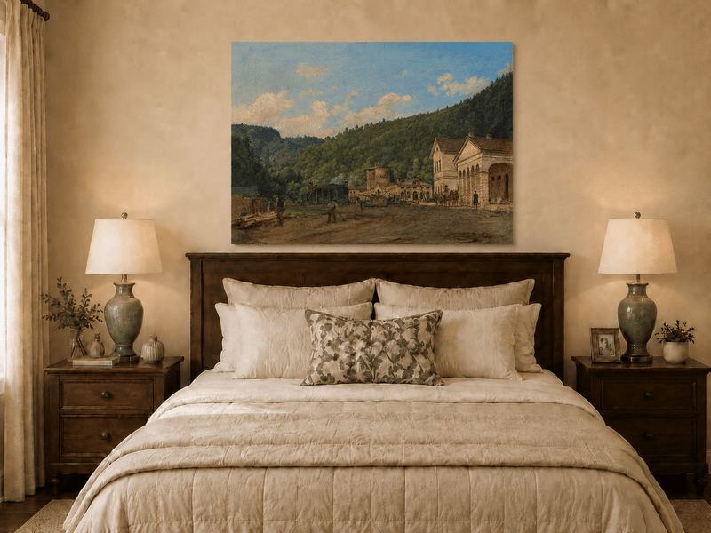 Landscape Oil Painting - Mountain Courtyard and Forest View