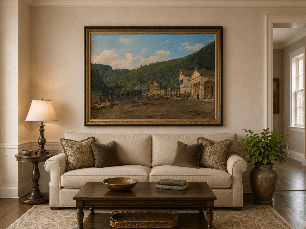 Landscape Oil Painting - Mountain Courtyard and Forest View