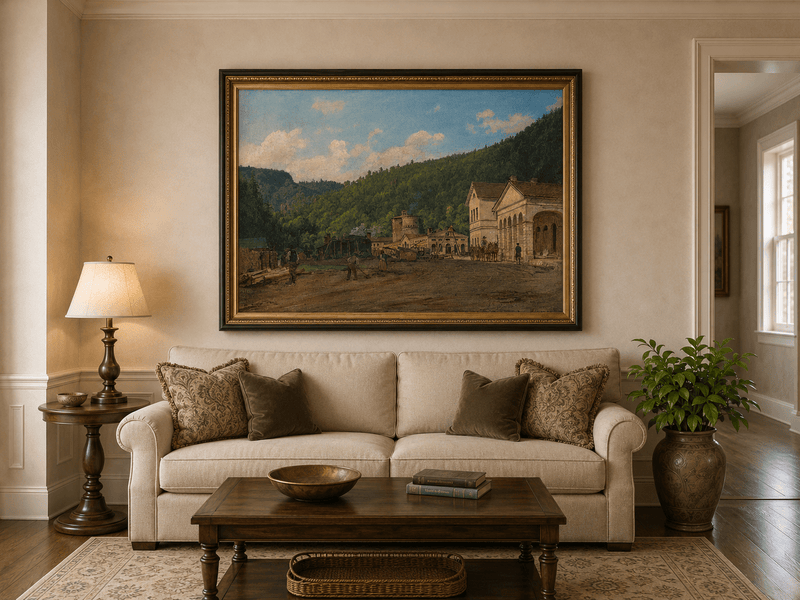 Landscape Oil Painting - Mountain Courtyard and Forest View