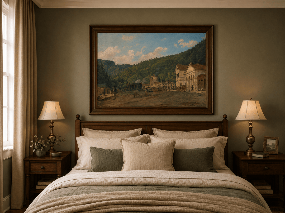 Landscape Oil Painting - Mountain Courtyard and Forest View