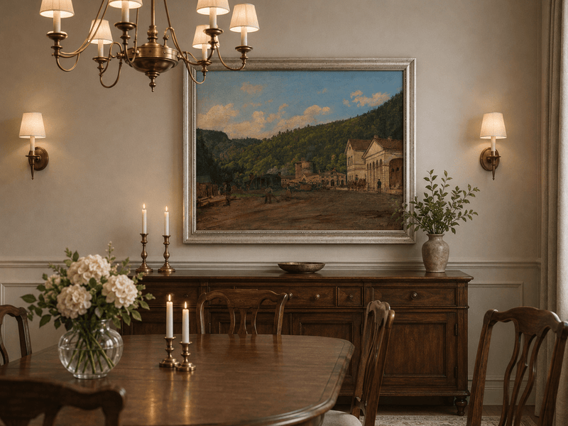Landscape Oil Painting - Mountain Courtyard and Forest View