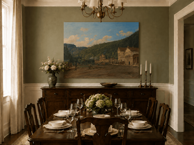 Landscape Oil Painting - Mountain Courtyard and Forest View