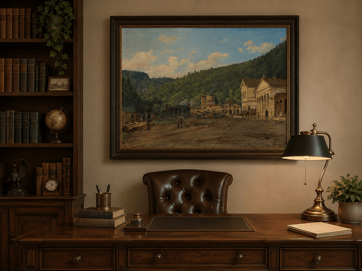 Landscape Oil Painting - Mountain Courtyard and Forest View