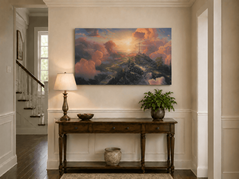 Landscape Oil Painting - Mountain Cross with Sunset Clouds