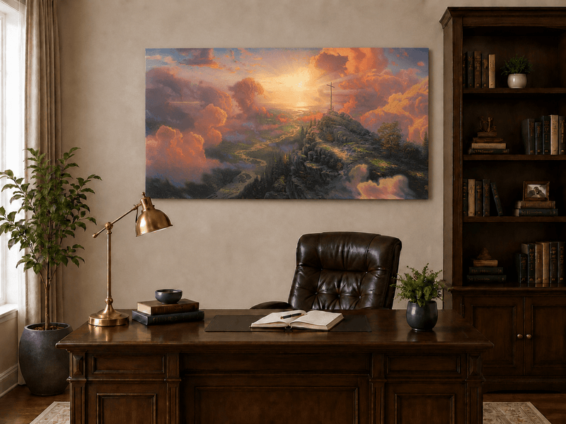 Landscape Oil Painting - Mountain Cross with Sunset Clouds