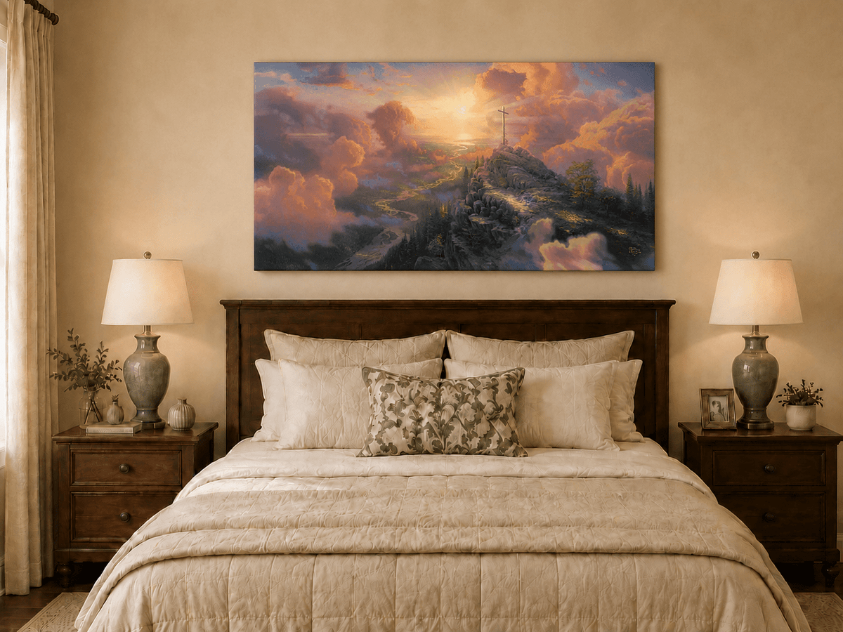 Landscape Oil Painting - Mountain Cross with Sunset Clouds