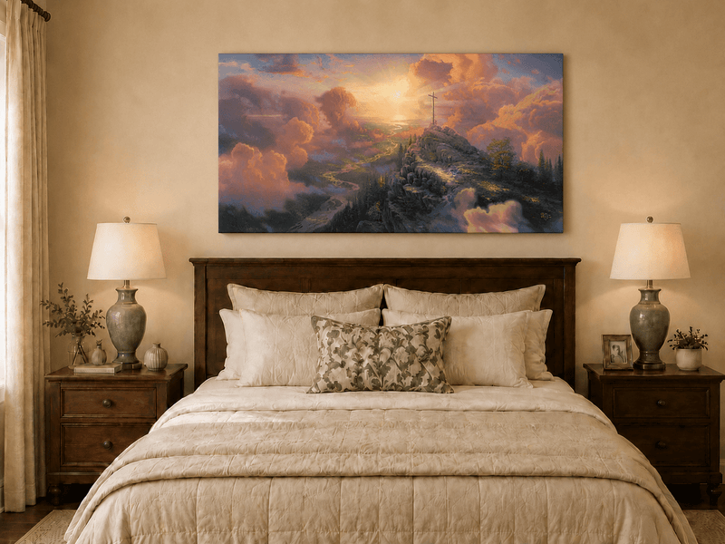 Landscape Oil Painting - Mountain Cross with Sunset Clouds