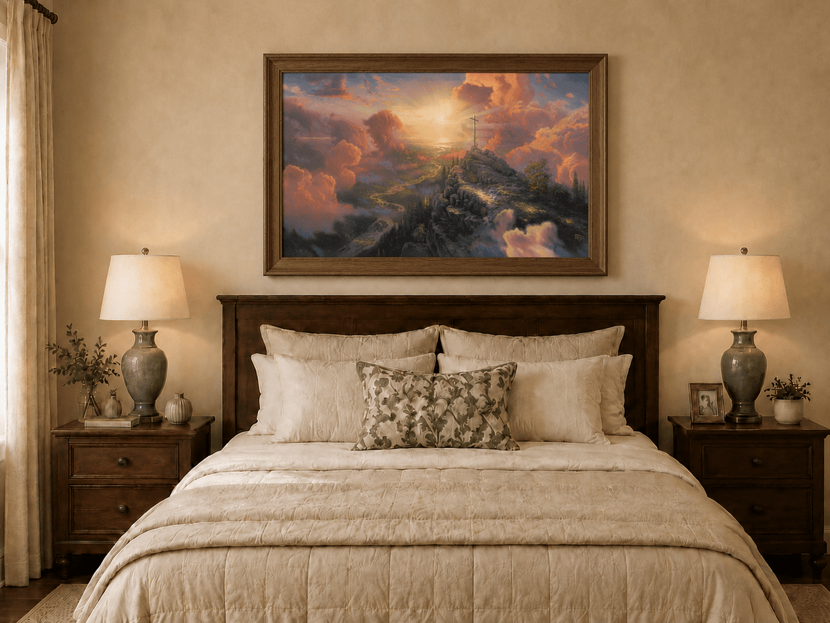 Landscape Oil Painting - Mountain Cross with Sunset Clouds