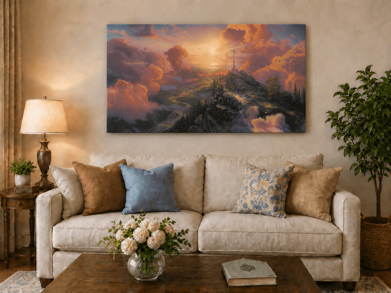 Landscape Oil Painting - Mountain Cross with Sunset Clouds