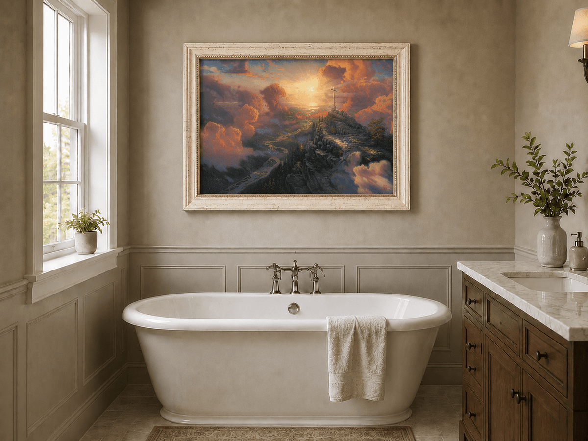 Landscape Oil Painting - Mountain Cross with Sunset Clouds