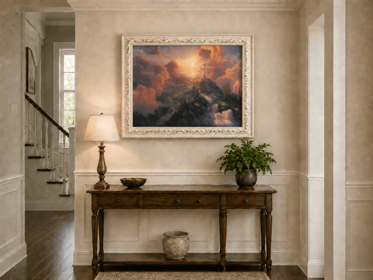 Landscape Oil Painting - Mountain Cross with Sunset Clouds