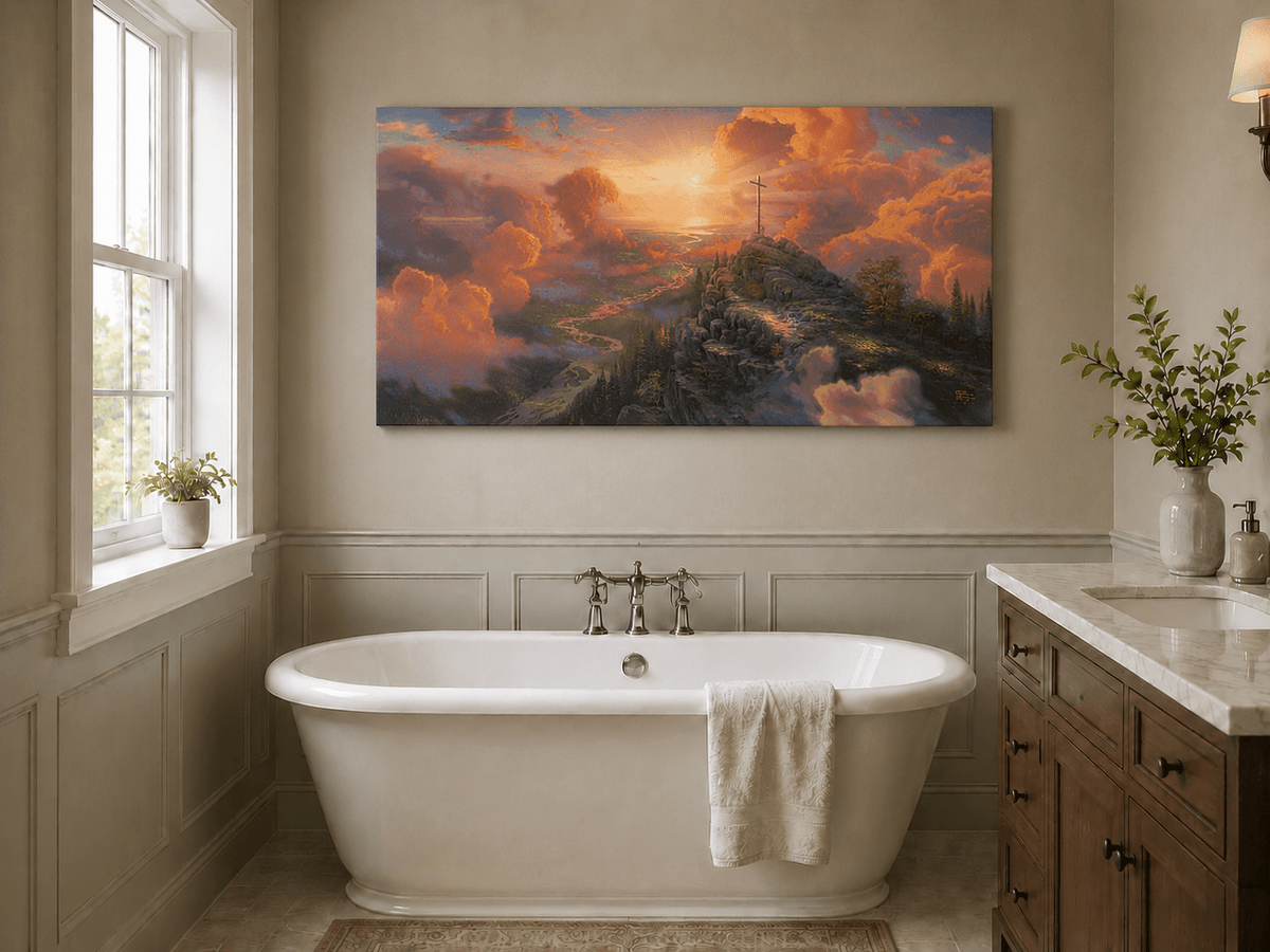 Landscape Oil Painting - Mountain Cross with Sunset Clouds