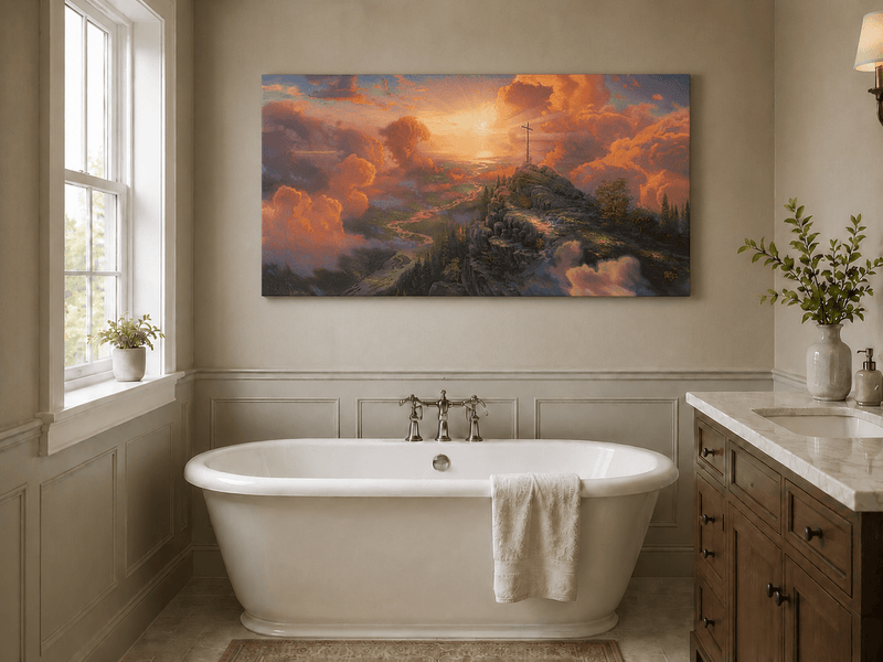 Landscape Oil Painting - Mountain Cross with Sunset Clouds