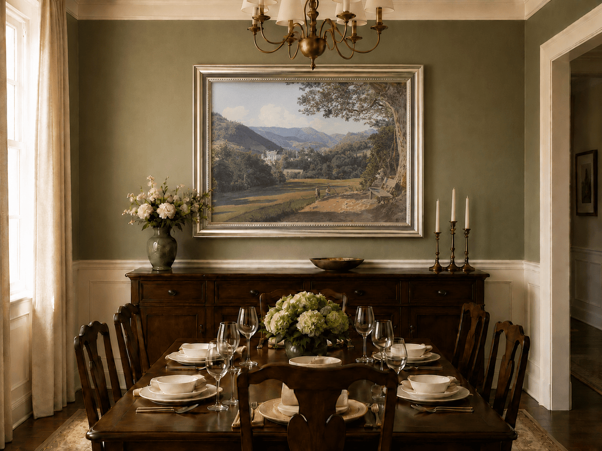 Landscape Oil Painting - Mountain Estate View by the Quiet Lake