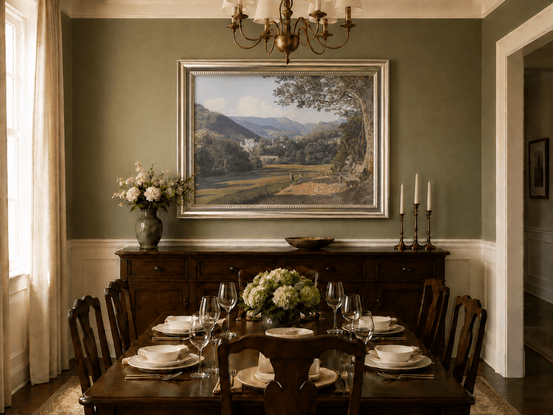 Landscape Oil Painting - Mountain Estate View by the Quiet Lake