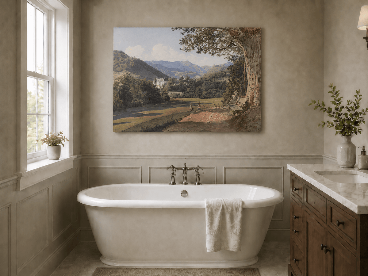 Landscape Oil Painting - Mountain Estate View by the Quiet Lake