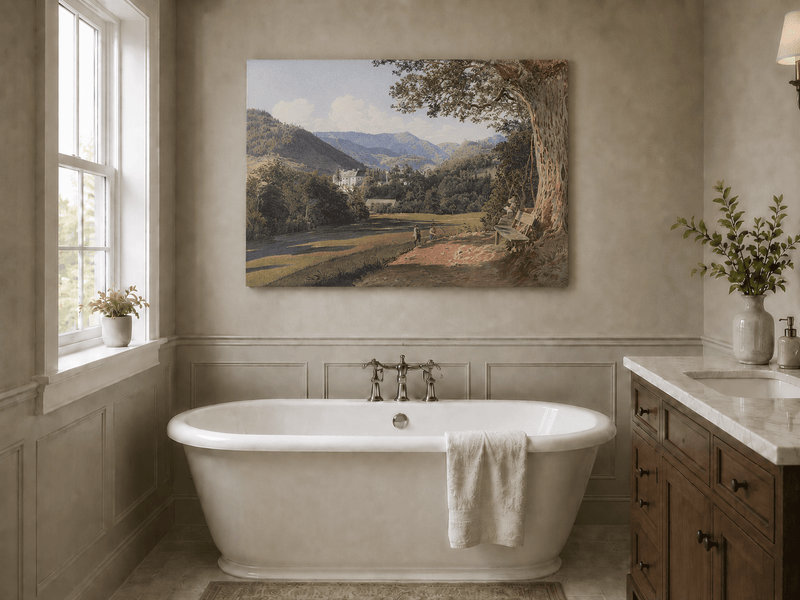Landscape Oil Painting - Mountain Estate View by the Quiet Lake