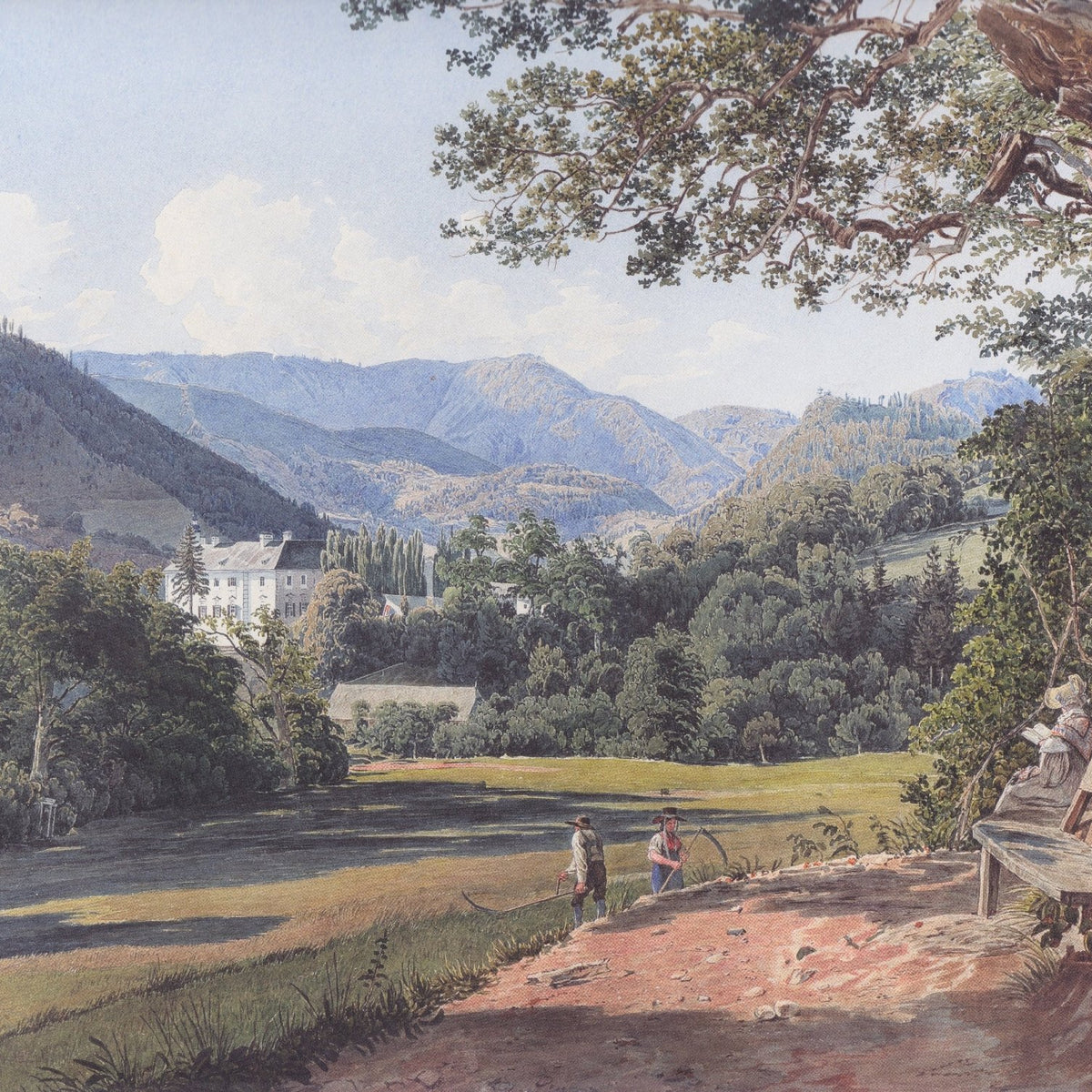 Hand-painted mountain estate view by the quiet lake landscape oil painting on canvas