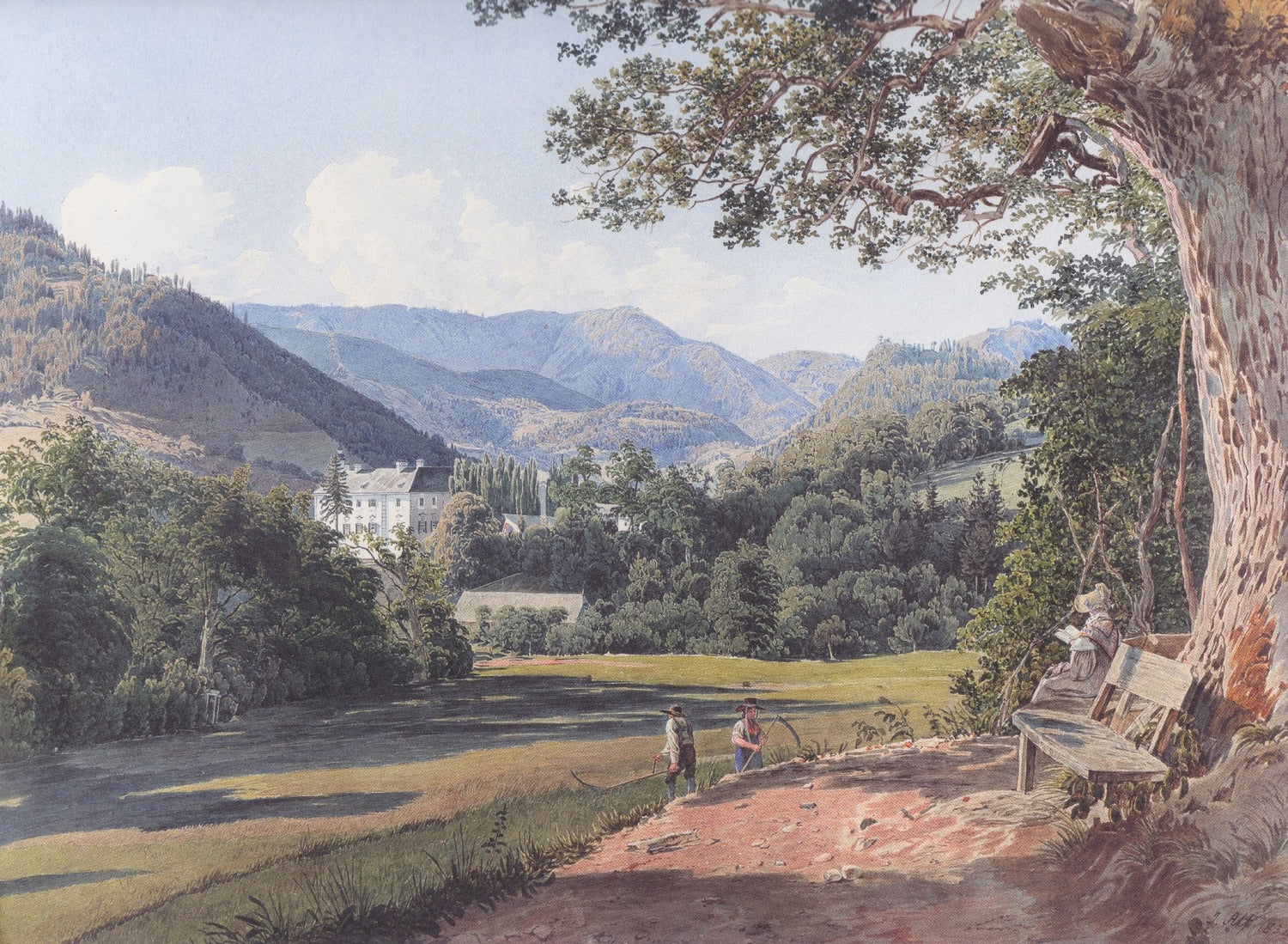 Hand-painted mountain estate view by the quiet lake landscape oil painting on canvas