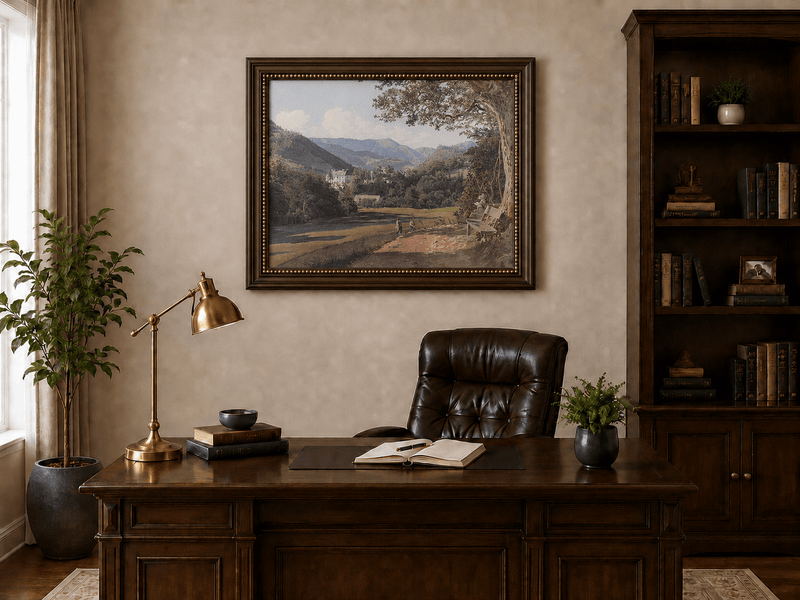 Landscape Oil Painting - Mountain Estate View by the Quiet Lake
