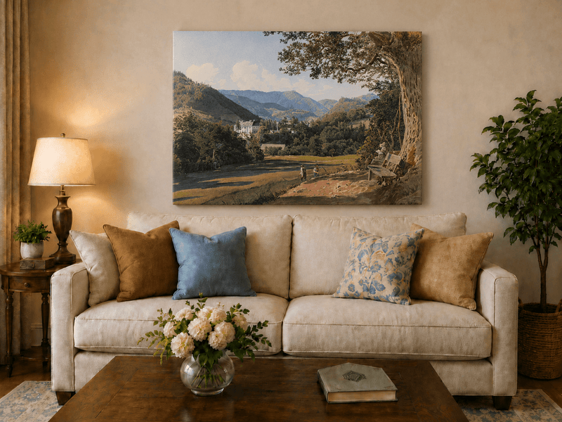 Landscape Oil Painting - Mountain Estate View by the Quiet Lake