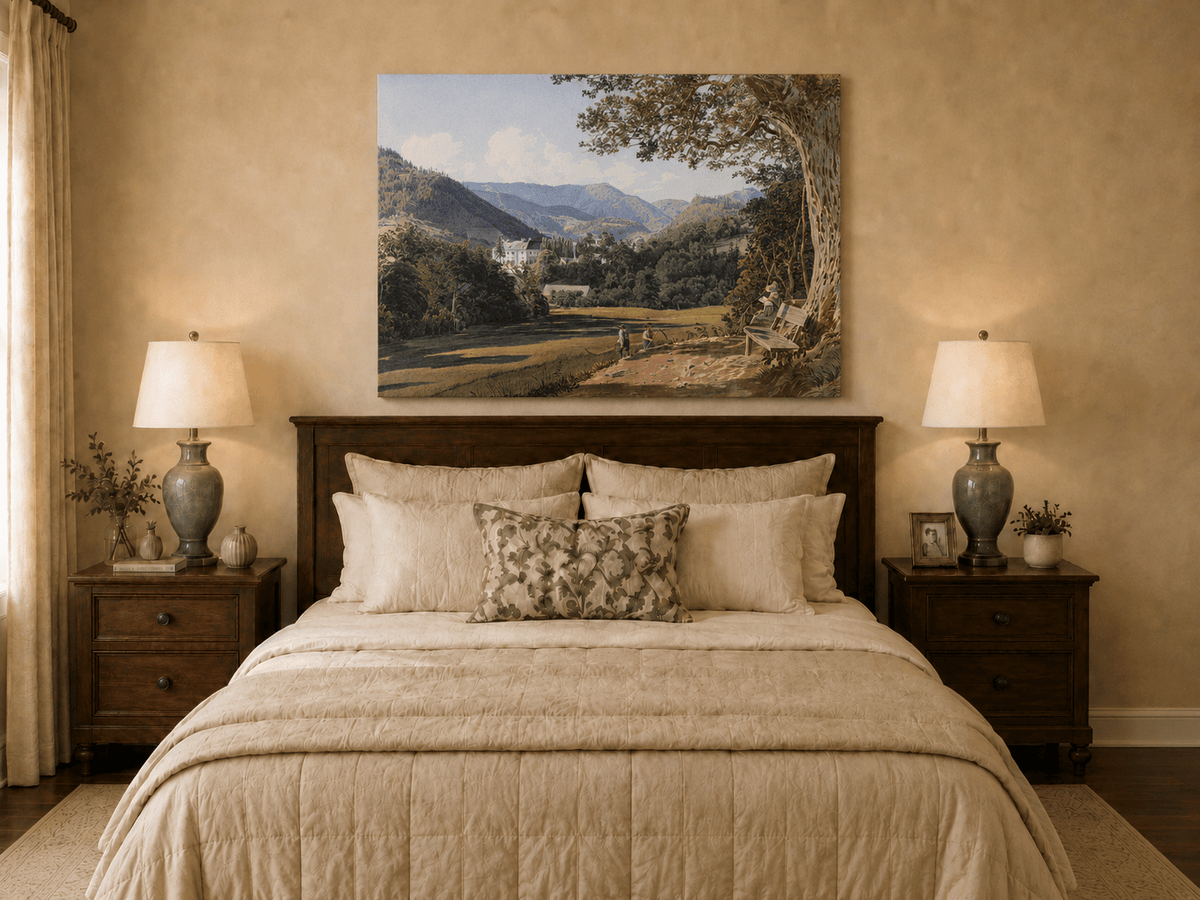 Landscape Oil Painting - Mountain Estate View by the Quiet Lake