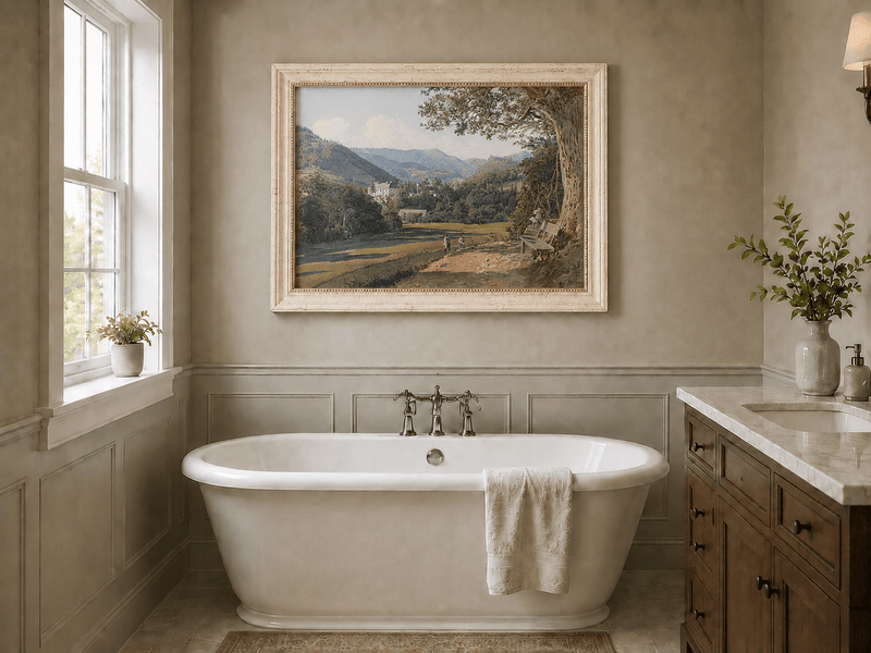 Landscape Oil Painting - Mountain Estate View by the Quiet Lake