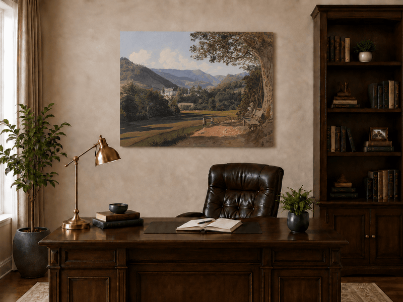 Landscape Oil Painting - Mountain Estate View by the Quiet Lake