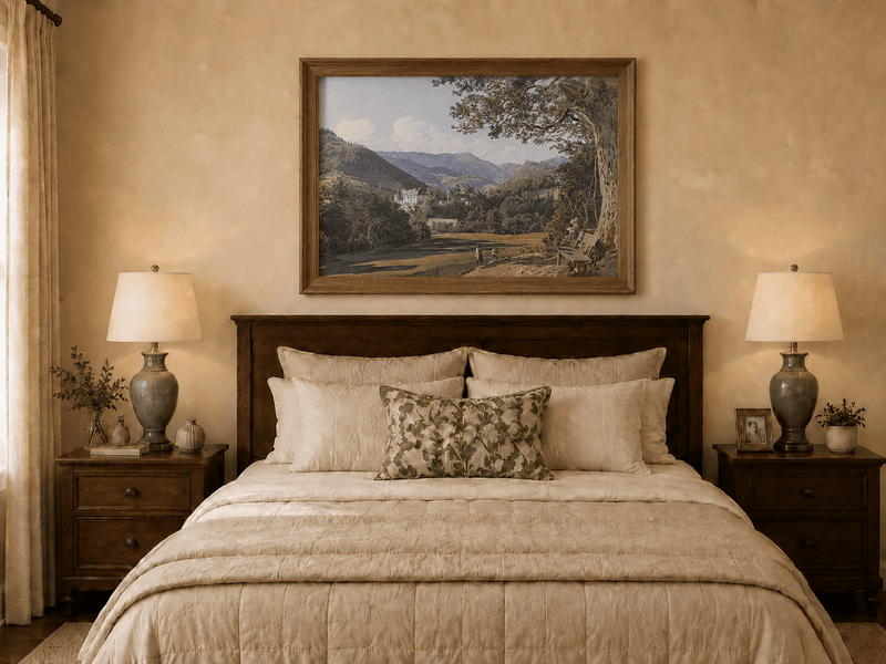 Landscape Oil Painting - Mountain Estate View by the Quiet Lake