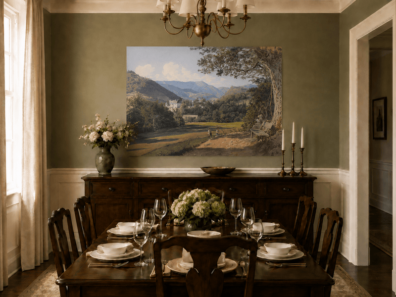 Landscape Oil Painting - Mountain Estate View by the Quiet Lake