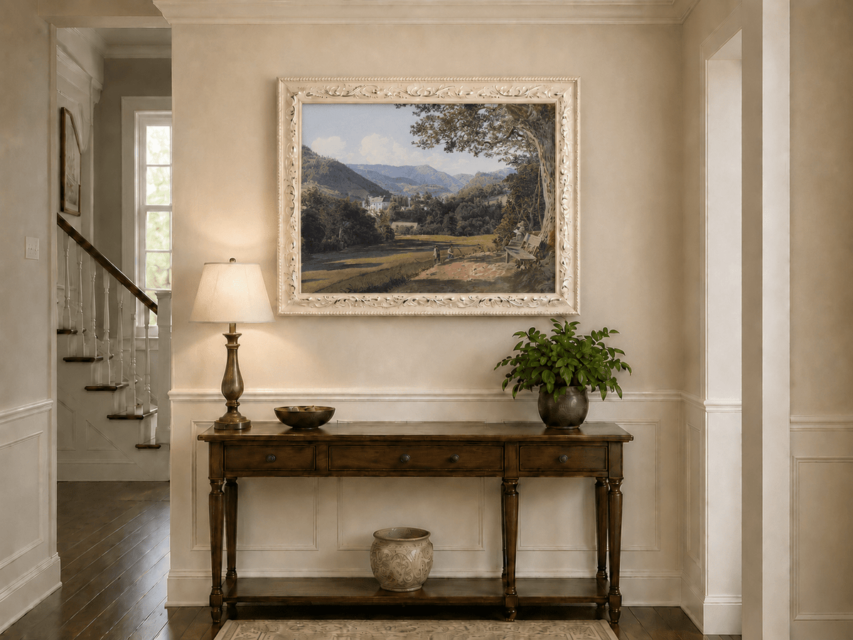 Landscape Oil Painting - Mountain Estate View by the Quiet Lake