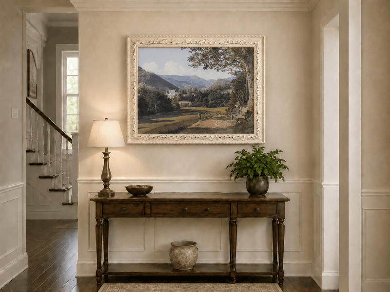 Landscape Oil Painting - Mountain Estate View by the Quiet Lake