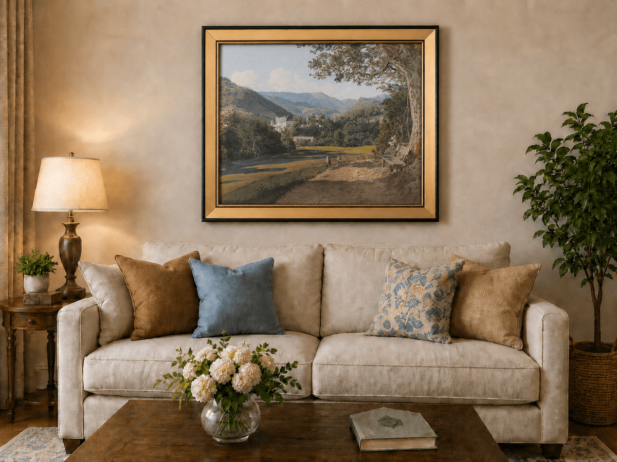 Landscape Oil Painting - Mountain Estate View by the Quiet Lake