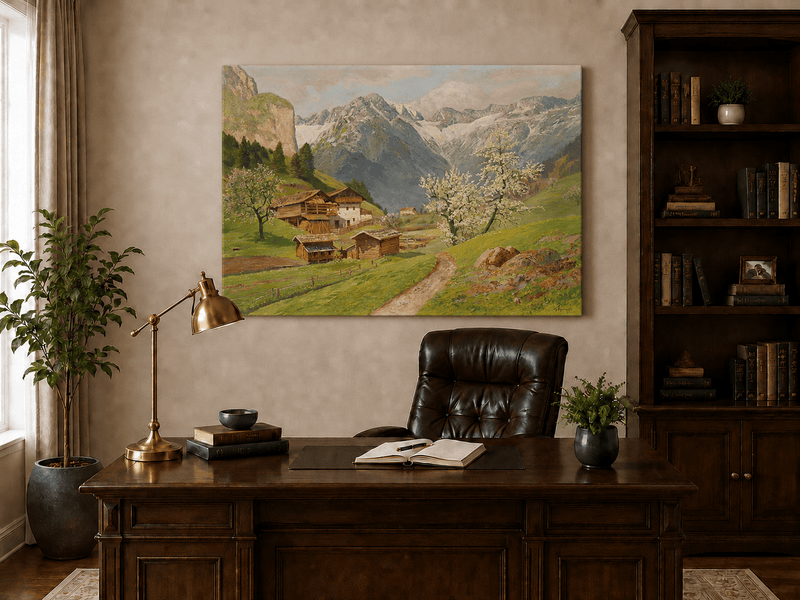 Landscape Oil Painting - Mountain Farm with Blossoms & Path