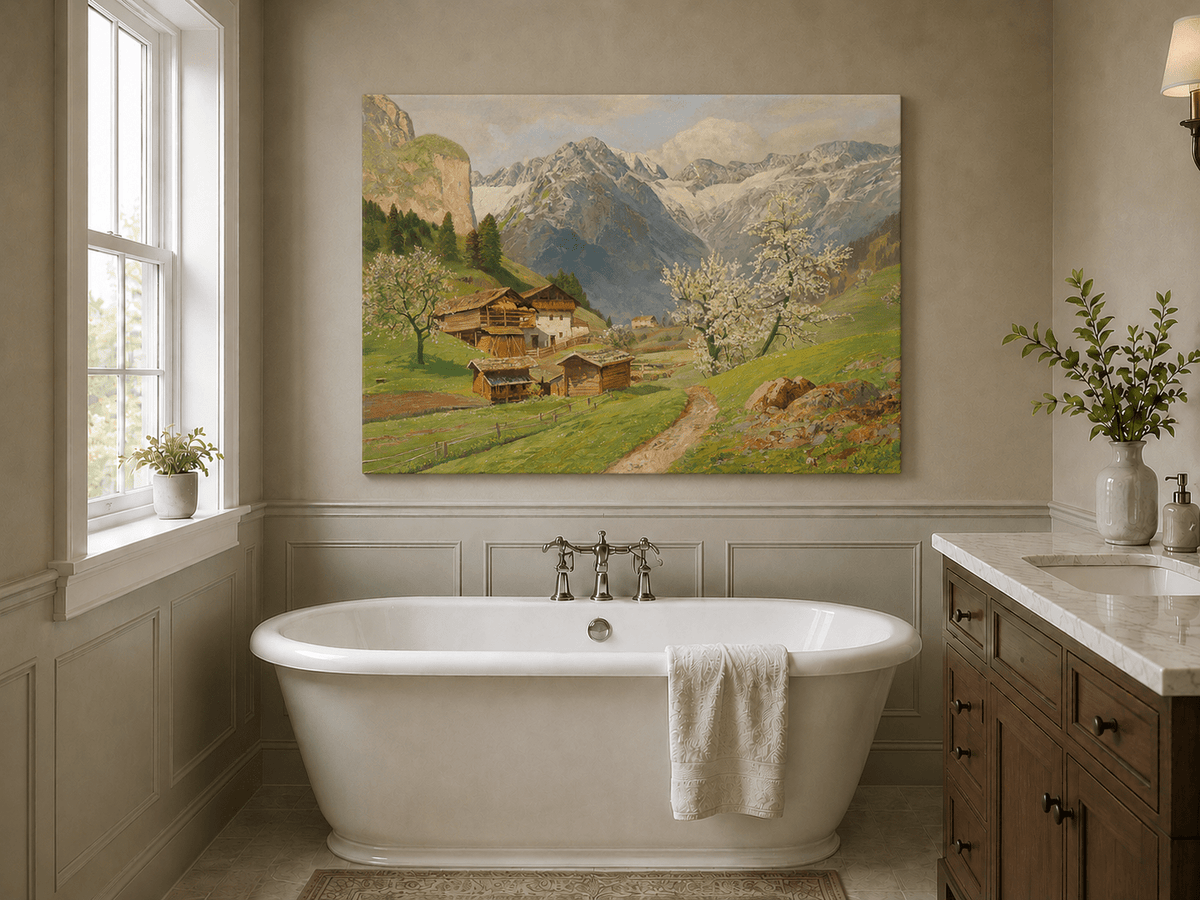 Landscape Oil Painting - Mountain Farm with Blossoms & Path