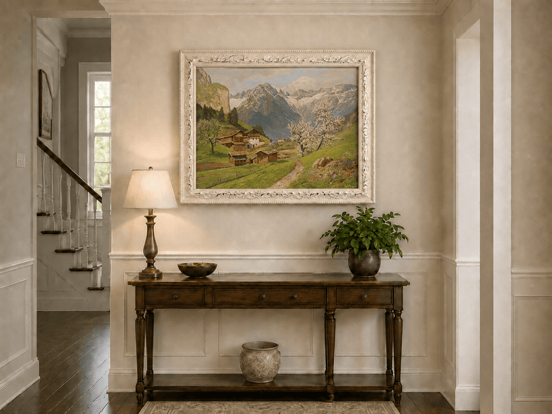 Landscape Oil Painting - Mountain Farm with Blossoms & Path