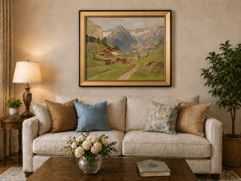 Landscape Oil Painting - Mountain Farm with Blossoms & Path