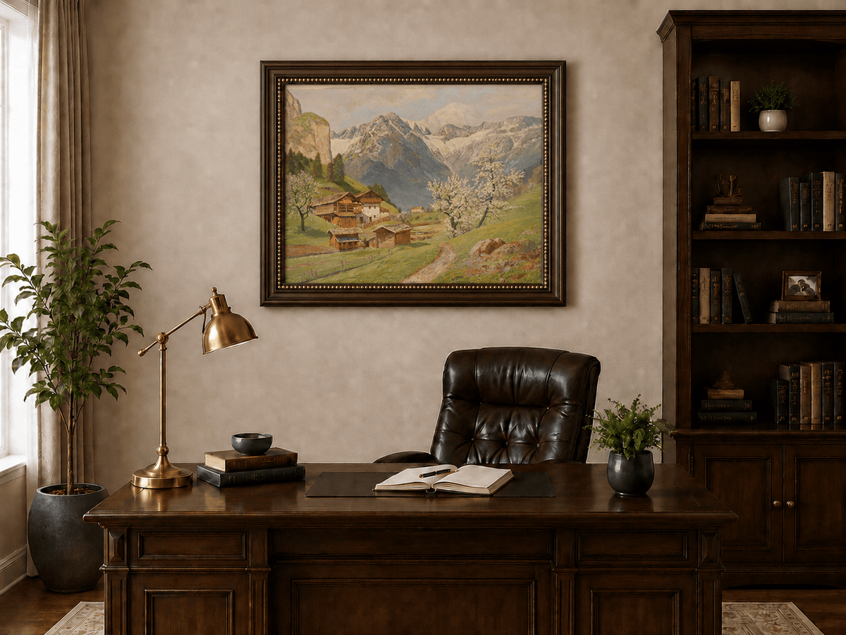 Landscape Oil Painting - Mountain Farm with Blossoms & Path