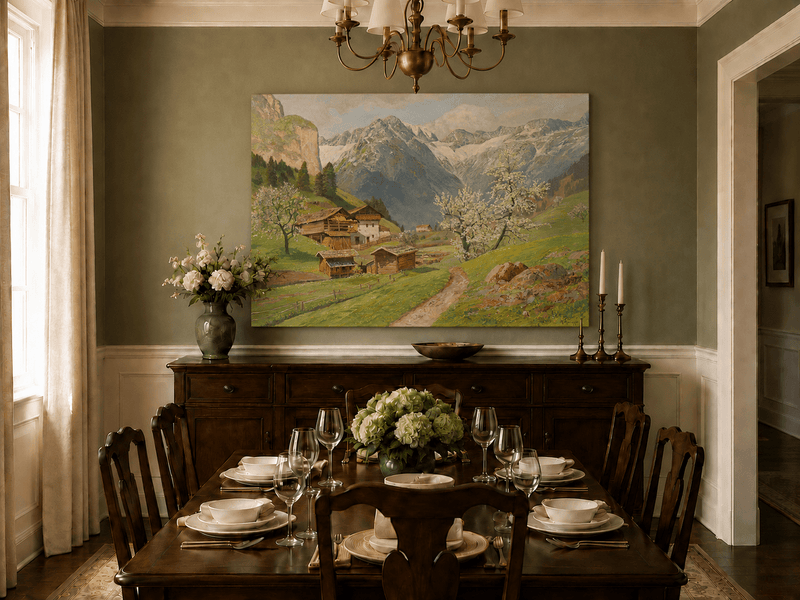 Landscape Oil Painting - Mountain Farm with Blossoms & Path