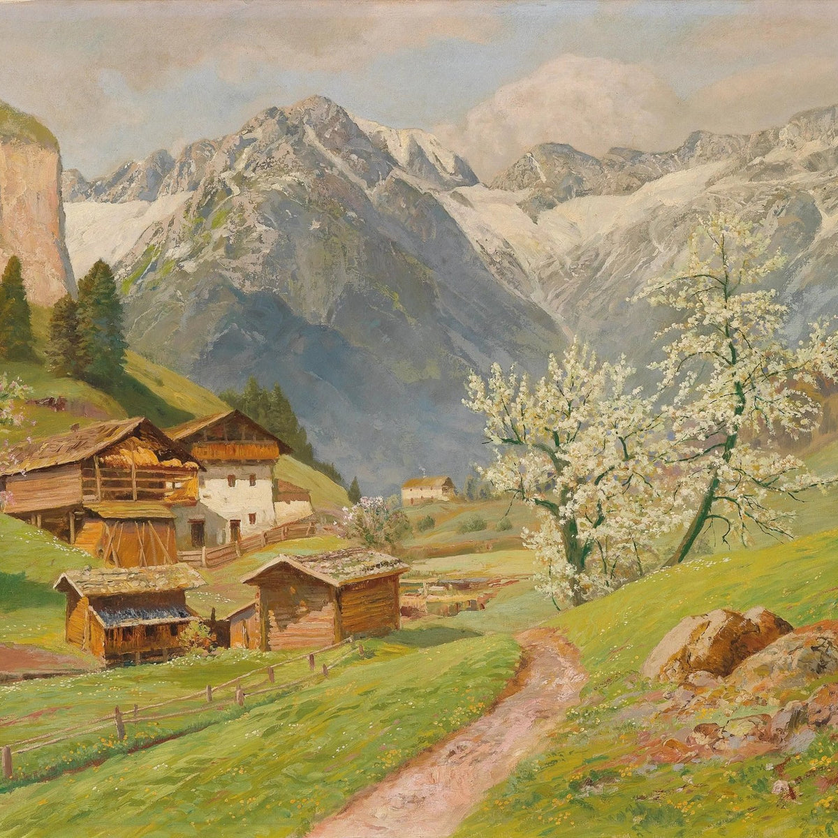 Landscape Oil Painting - Mountain Farm with Blossoms & Path - Oil Painting Haven