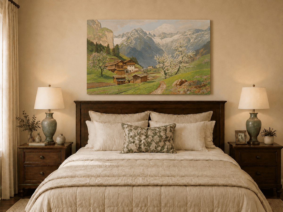 Landscape Oil Painting - Mountain Farm with Blossoms & Path