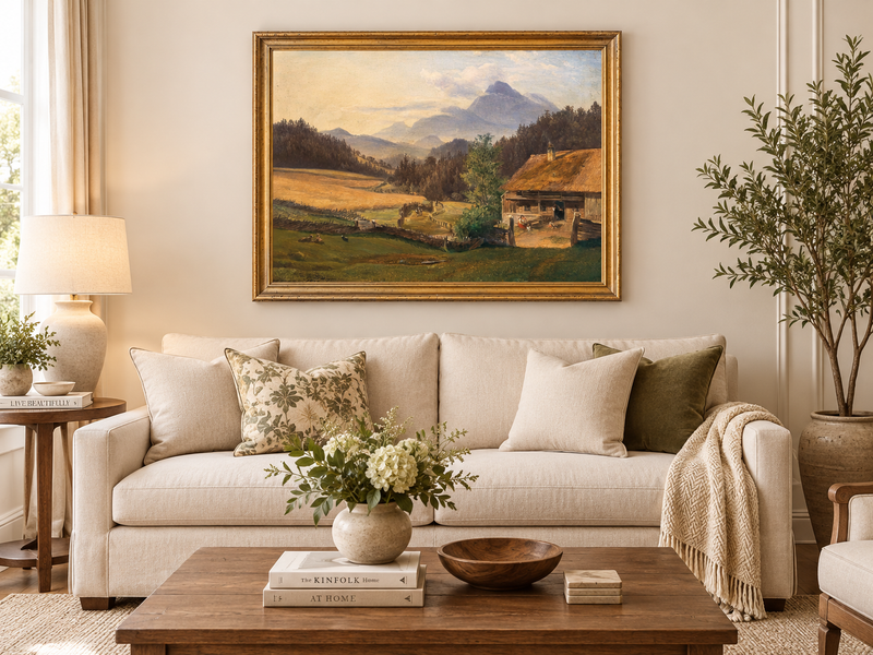 Hand-painted Mountain Farmhouse in Summer Valley landscape oil painting displayed as wall art in a styled interior